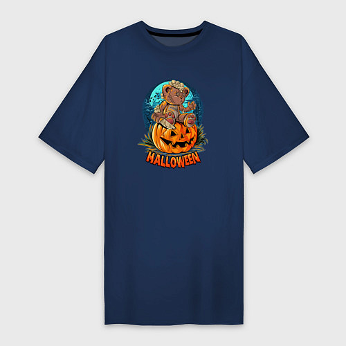 Женская футболка-платье Halloween - Мишка на тыкве / Тёмно-синий – фото 1