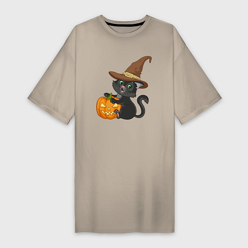Женская футболка-платье Чёрный котик в шляпе и с тыквой / Миндальный – фото 1