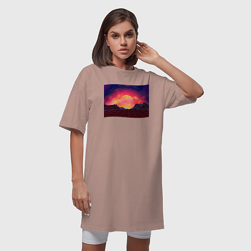 Женская футболка-платье 3D неоновые горы на закате / Пыльно-розовый – фото 3