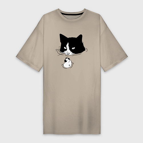 Женская футболка-платье Кот сидит в воде и сторожит утёнка / Миндальный – фото 1