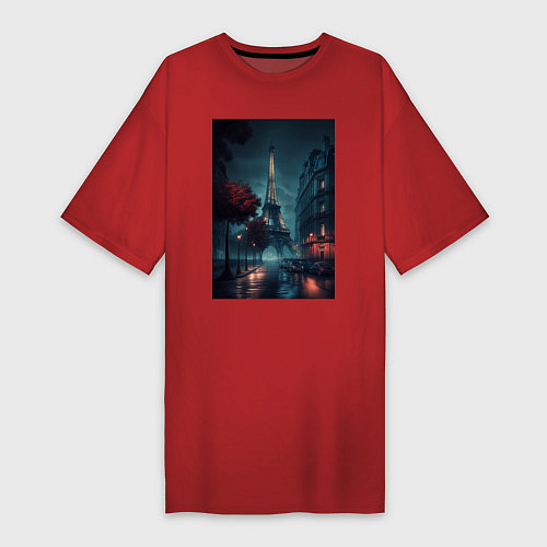 Женская футболка-платье Нейросеть - Ночной Париж / Красный – фото 1