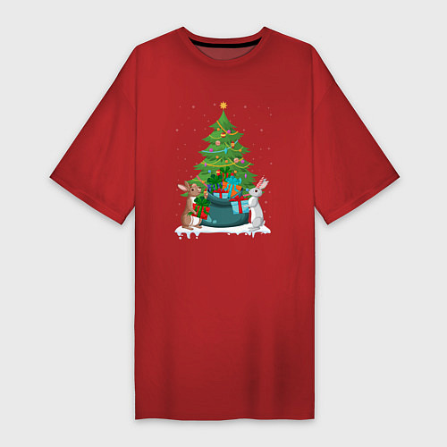 Женская футболка-платье Кролики елка и мешок подарков / Красный – фото 1
