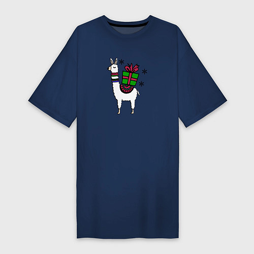 Женская футболка-платье Новогодняя лама с подарком / Тёмно-синий – фото 1