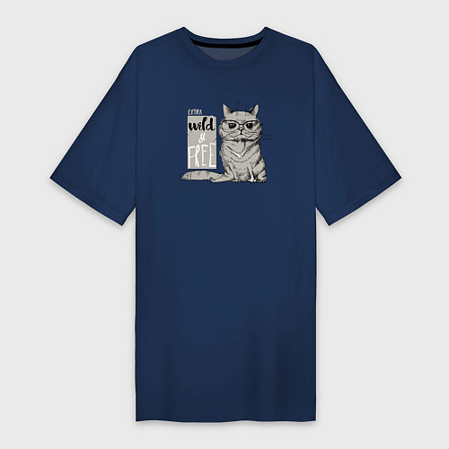 Женская футболка-платье Дикий и свободный кот / Тёмно-синий – фото 1