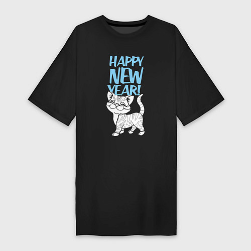 Женская футболка-платье Happy new year - kitten / Черный – фото 1