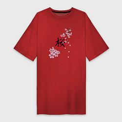 Футболка женская-платье Цветущая вишня и красный круг с японским иероглифо, цвет: красный