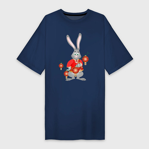 Женская футболка-платье Черный водяной кролик в красной рубахе / Тёмно-синий – фото 1