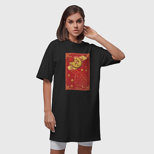 Женская футболка-платье Китайский иероглиф и золотой кролик на красном / Черный – фото 3