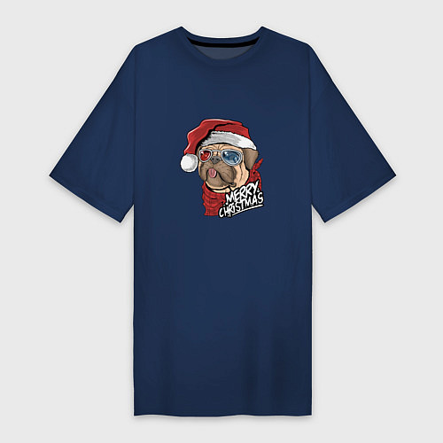 Женская футболка-платье Pug merry christmas / Тёмно-синий – фото 1