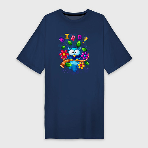 Женская футболка-платье Птица на ветке и цветы / Тёмно-синий – фото 1