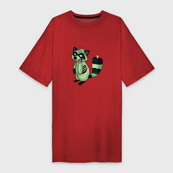 Футболка женская-платье Зеленый енот зомбак, цвет: красный