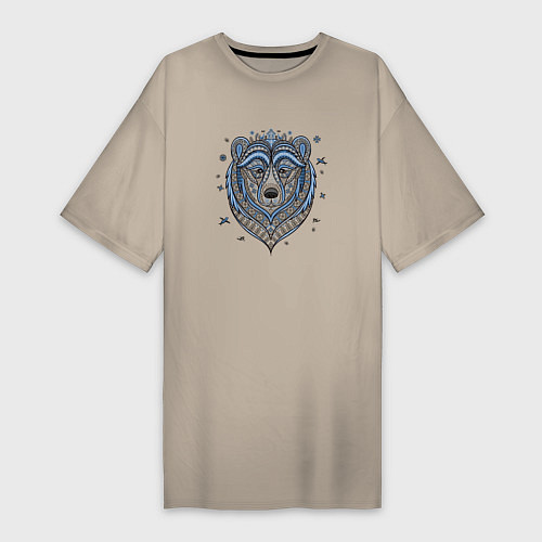 Женская футболка-платье Медведь в стиле мезенской росписи / Миндальный – фото 1