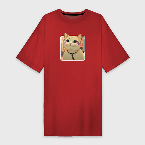 Женская футболка-платье Cat smiling meme art / Красный – фото 1