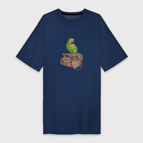 Женская футболка-платье Зеленый попугай на сундуке с сокровищами / Тёмно-синий – фото 1