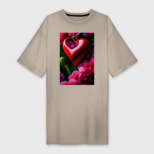 Женская футболка-платье Сердце с цветами / Миндальный – фото 1