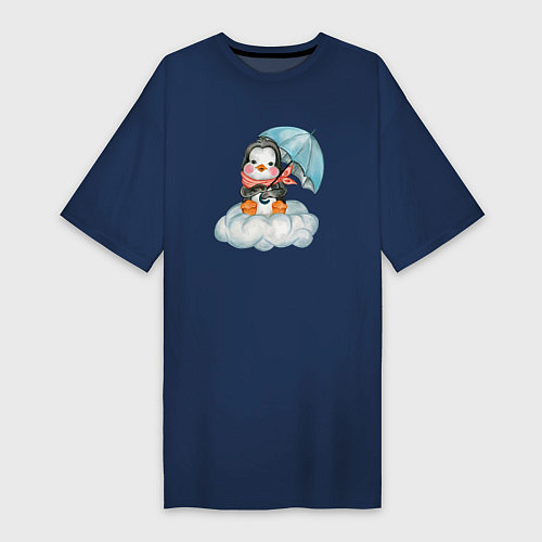 Женская футболка-платье Пингвин на облаке с зонтом / Тёмно-синий – фото 1