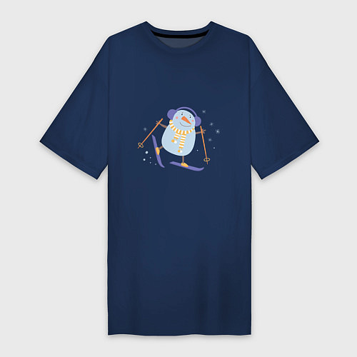 Женская футболка-платье Снеговик катается на лыжах / Тёмно-синий – фото 1