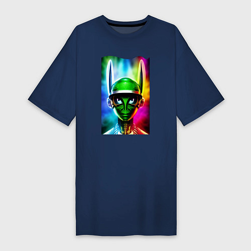 Женская футболка-платье Alien - neural network - neon glow / Тёмно-синий – фото 1