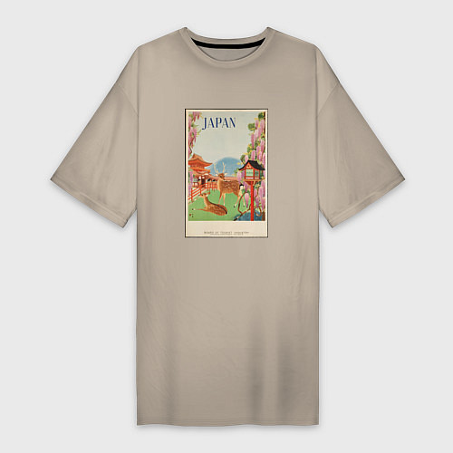 Женская футболка-платье Японский винтаж с оленями / Миндальный – фото 1