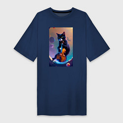 Футболка женская-платье Кот со скрипкой в космосе, цвет: тёмно-синий