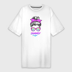 Футболка женская-платье Лето - девушка в розовых солнцезащитных очках, цвет: белый