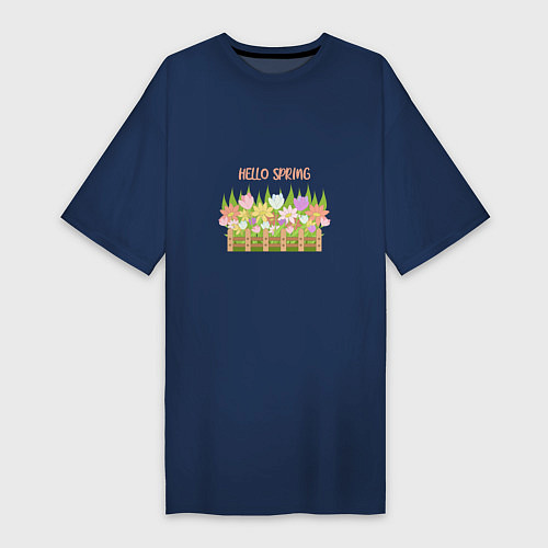 Женская футболка-платье Весенние цветы в палисаднике - привет, весна! / Тёмно-синий – фото 1