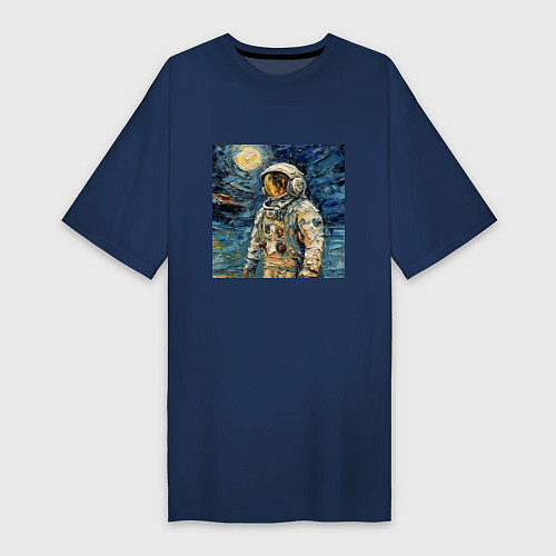 Женская футболка-платье Космонавт на луне в стиле Ван Гог / Тёмно-синий – фото 1