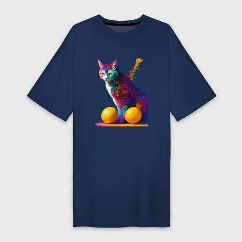 Женская футболка-платье Яркий котик / Тёмно-синий – фото 1