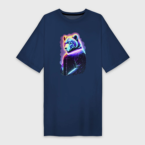 Женская футболка-платье Glowing bear - neural network / Тёмно-синий – фото 1