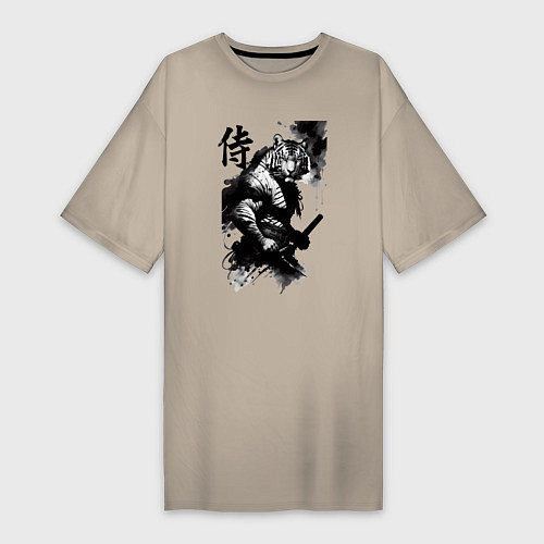 Женская футболка-платье Tiger samurai - hieroglyph - art / Миндальный – фото 1