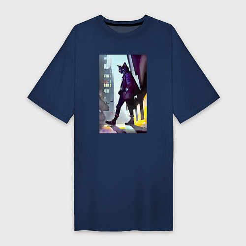 Женская футболка-платье Чёрный котяра на своём районе - Бронкс / Тёмно-синий – фото 1