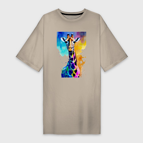 Женская футболка-платье Маленький жирафёнок - Африка - акварель / Миндальный – фото 1