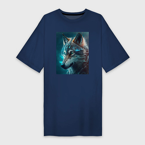 Женская футболка-платье Волк в стиле футуризм - нейросеть / Тёмно-синий – фото 1