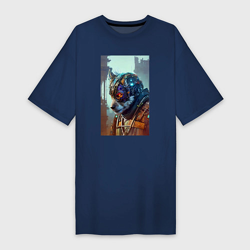 Женская футболка-платье Одноухий пёс - киберпанк - нейросеть / Тёмно-синий – фото 1