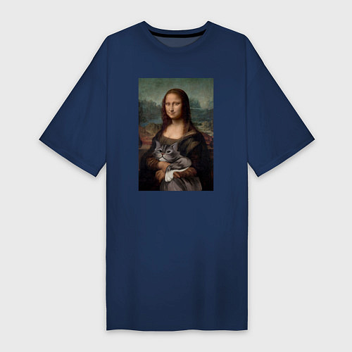 Женская футболка-платье Мона Лиза с котиком / Тёмно-синий – фото 1