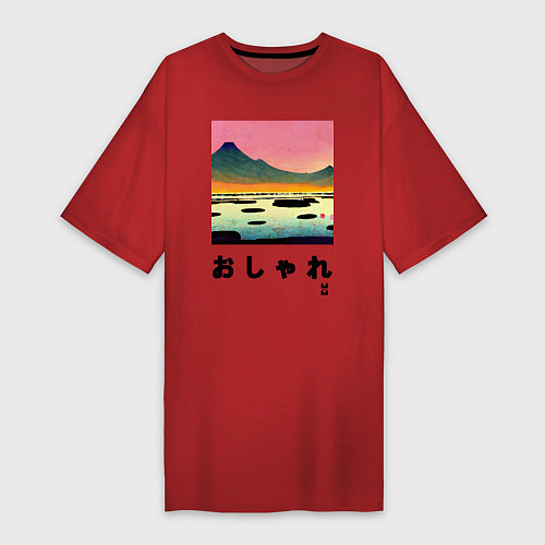 Женская футболка-платье MoMo - Горное озеро в японском стиле / Красный – фото 1