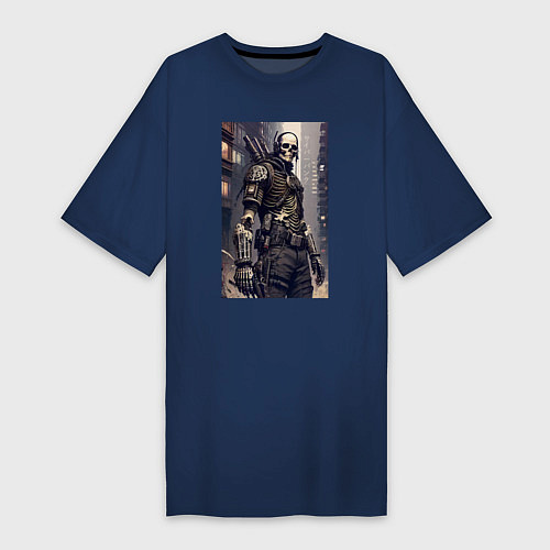 Женская футболка-платье Skeleton cyberpunk - hieroglyphs - neural network / Тёмно-синий – фото 1