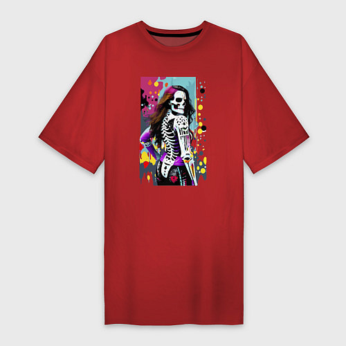 Женская футболка-платье Кибер скелет девушки - нейросеть / Красный – фото 1