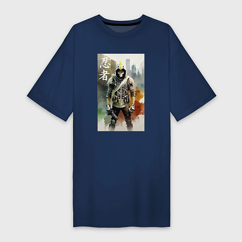 Женская футболка-платье Кибер-ниндзя в мегаполисе - нейросеть / Тёмно-синий – фото 1