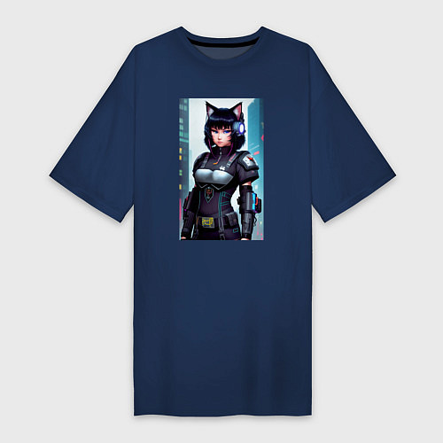 Женская футболка-платье Девчонка-кошка - киберпанк - нейросеть / Тёмно-синий – фото 1