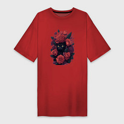 Футболка женская-платье Черный кот в цветах, цвет: красный