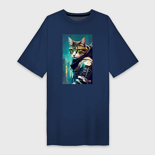 Женская футболка-платье Крутой котейка - киберпанк - нейросеть / Тёмно-синий – фото 1