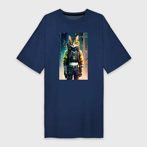 Женская футболка-платье Крутой котяра - киберпанк - нейросеть / Тёмно-синий – фото 1