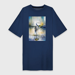 Футболка женская-платье Цапля на озере - акварель - нейросеть, цвет: тёмно-синий