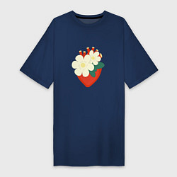 Футболка женская-платье Анатомическое сердце в цветах и листьях, цвет: тёмно-синий