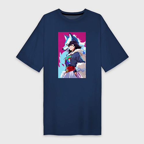 Женская футболка-платье Girl and wolf - anime - neural network / Тёмно-синий – фото 1