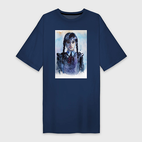 Женская футболка-платье Акварельный портрет Уэнсдей / Тёмно-синий – фото 1