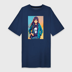 Футболка женская-платье Девчонка с черепом на одежде - аниме, цвет: тёмно-синий