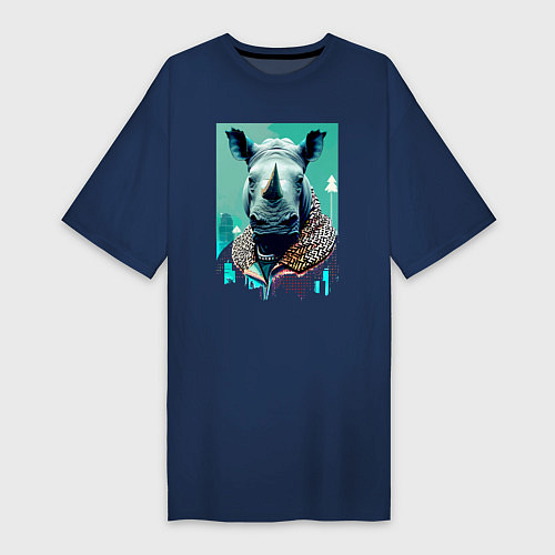Женская футболка-платье Морда носорога - нейросеть / Тёмно-синий – фото 1
