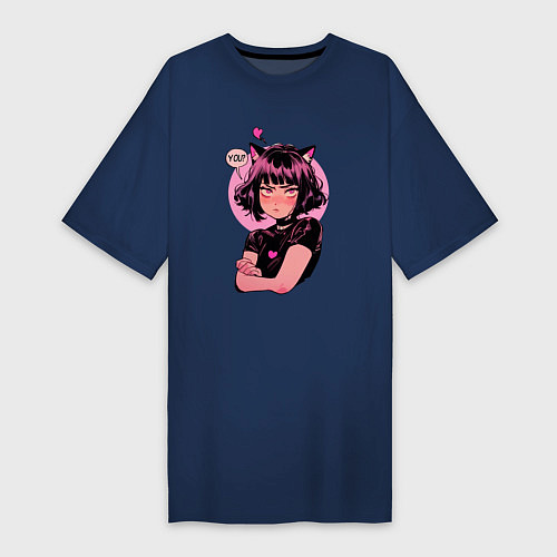 Женская футболка-платье Милая аниме кошкодевочка / Тёмно-синий – фото 1